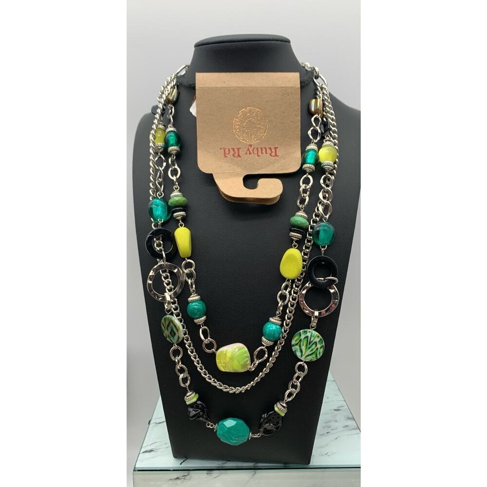 NWT Ruby Rd Silver Tone Teal & Yellow Shell & Beaded Cord & Chain Necklace